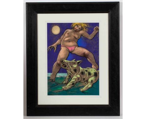 * PETER HOWSON OBE, 
HOWLING AT THE MOON
pastel on paper and signed
59cm x 42cm
Mounted, framed and under glass
Note:  Amende