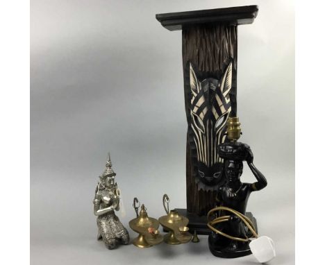 PAIR OF BRASS GENIE LAMPS, 9cm high, along with a figural table lamp, a figure of a female kneeling and a stand with carved z