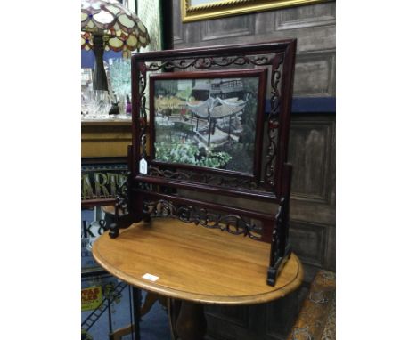 MODERN CHINESE TABLE SCREEN, with embroidered panels on a swivel central panel, 54cm wide