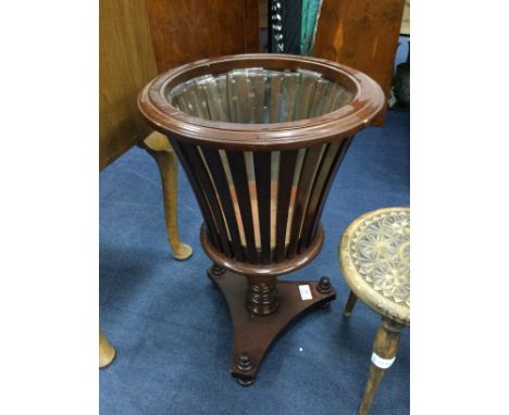 REPRODUCTION REGENCY STYLE MAHOGANY URN SHAPED PLANTER, 50cm high, 33cm diameter, along with a carved milking stool and a hex