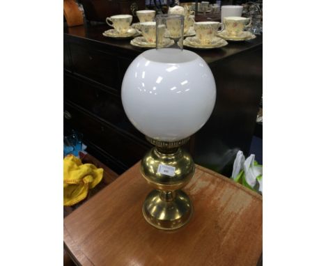 VICTORIAN BRASS OIL LAMP, with reservoir and opaque glass shade