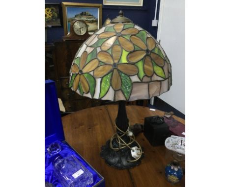 TIFFANY STYLE LAMP, with leaded glass shade