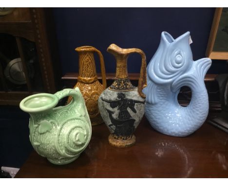 GURGLE JUG, 30cm high, along with other ceramic jugs, including Crown Devon, Arthur Wood and Burleigh Ware