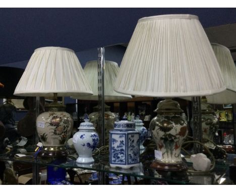 20TH CENTURY JAPANESE TABLE LAMP, with floral decoration, with shade, along with another table lamp with shade and two blue a