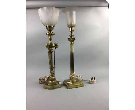 BRASS COLUMN LAMP, with glass shade, along with another table lamp (2)