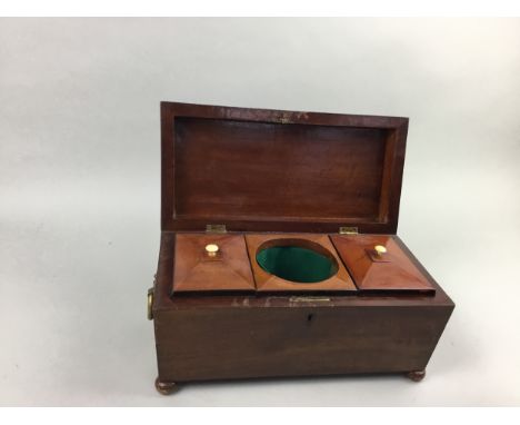 VICTORIAN MAHOGANY TEA CADDY, sarcophagus form, 33cm wide
