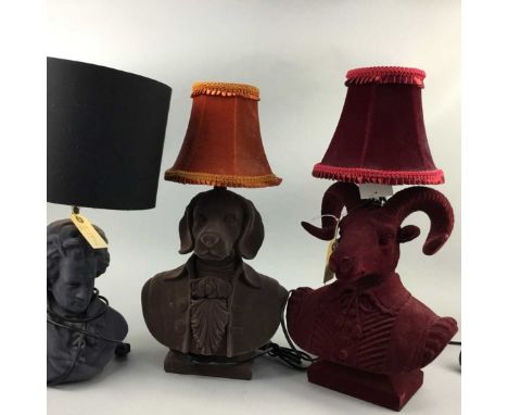 ABAGAIL AHERN TABLE LAMP, modelled as a ram with red shade, along with another modelled as a beagle with orange shade, each 4