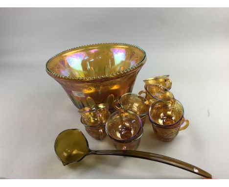 CARNIVAL GLASS PUNCH BOWL, along with twelve cups and a ladle (14)