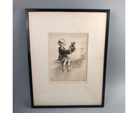EILEEN SPOER, GIRL WITH KITTEN, etching, signed in pencil, along with three other photographs(4)
