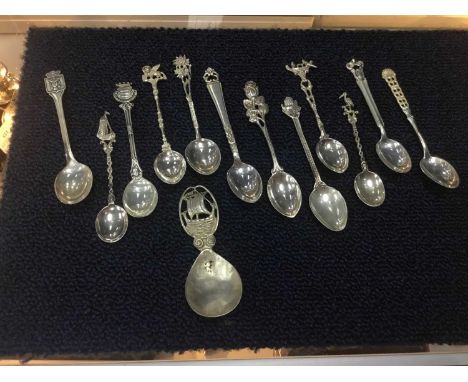 SILVER CADDY SPOON WITH VIKING SHIP HANDLE, along with a selection of silver tea spoons