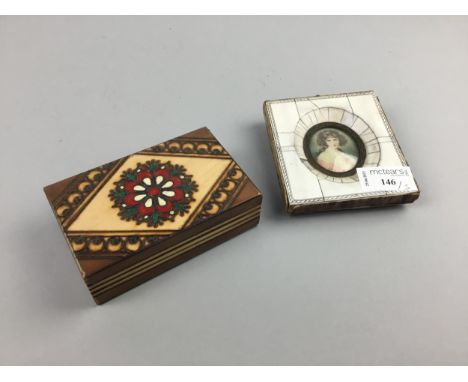 PORTRAIT MINIATURE OF A FEMALE, framed, along with a silver brooch and a carved wood box (3)