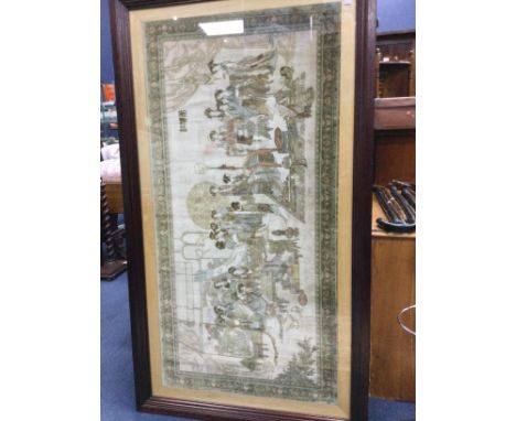CHINESE EMBROIDERED PANEL, framed, 91cm x 160cm overall