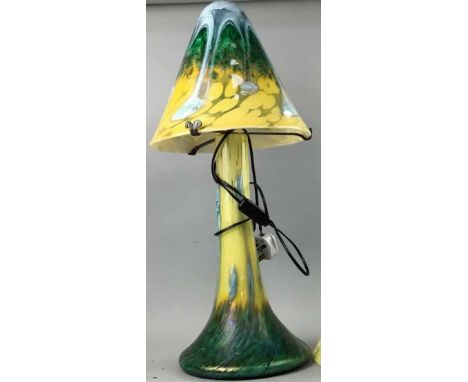 GLASS MUSHROOM SHAPED TABLE LAMP, decorated in colours of green, blue and yellow, along with a similar style shade (2)