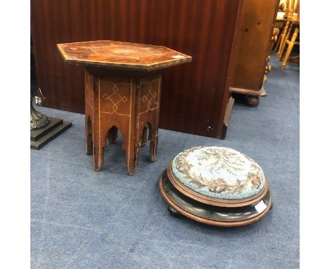 LATE VICTORIAN CIRCULAR FOOTSTOOL, with beaded seat over and ebonised band and on glazed ceramic feet, 32cm diameter, along w