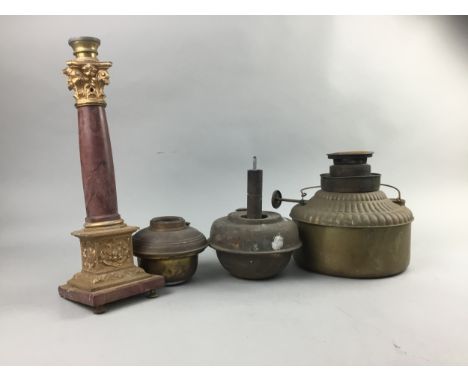 COLLECTION OF OIL LAMP RESERVOIRS, along with a Corinthian column