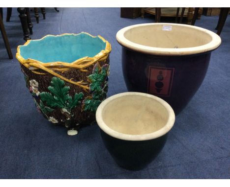 MAJOLICA PLANTER, 32cm high, along with two other ceramic planters (3)