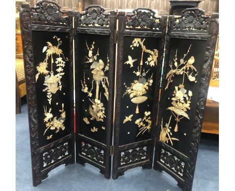 FOUR PANEL FOLDING SCREEN, each panel depicting bird and floral decoration, each panel 28.5cm x 94.5cm