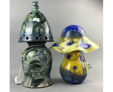 GLASS MUSHROOM SHAPED TABLE LAMP, decorated in colours of blue and yellow, 39cm high, along with another table lamp (2)