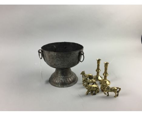 VICTORIAN CIRCULAR POT STAND, with floral tapestry panel, 28cm diameter, along with brass candlesticks and figures, also an E