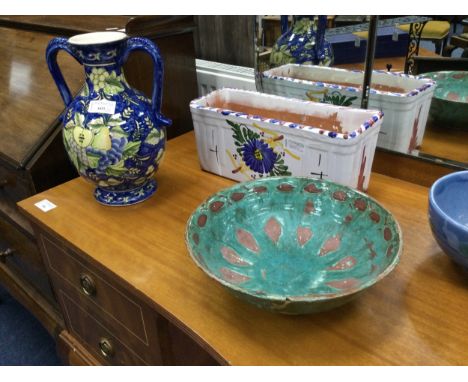 LOT OF CERAMICS AND POTTERY, including a twin handled vase, bowls, a ewer in the manner of Zsolnay and a rectangular planter