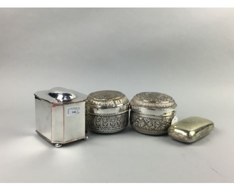 ASPREY SILVER PLATED CIGAR CASE, 14cm wide, along with a pair of Eastern white metal circular lidded pots and a Victorian pla
