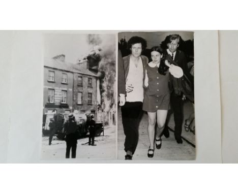 IRELAND, press stills, 1960s-1970s Troubles, inc. Bernadette Devlin, Alice Rooney, marches, London protest, barricades, Women