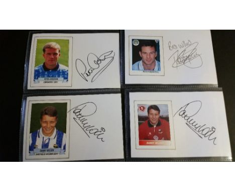 FOOTBALL, signed trade cards laid down to white card (6 x 4), inc. Danny Wilson, Peter Beagrie, Peter Atherton, Terry Yorath,
