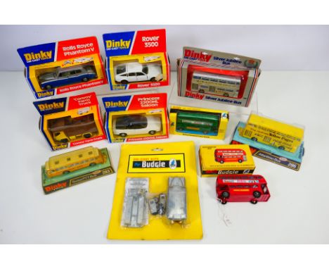 Dinky - Budgie - A collection of boxed models including Leyland Atlantean in Yellow Pages livery # 295, Duple Vega Bus in Swi