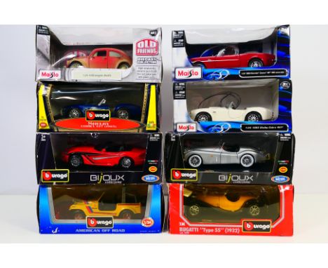 Maisto, Bburago - Eight boxed vehicles in 1:24 scale to include: Maisto 'Old Friends' Volkswagon Beetle, 1965 Shelby Cobra. B