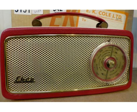 Ekco vintage portable vanity transistor red radio in original box by E K Cole Ltd, model 378