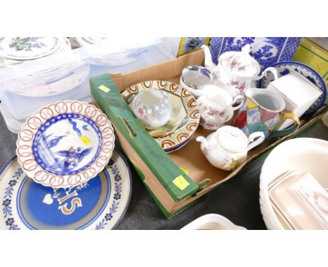 Box of ceramics, Royal Albert Lavender Rose teapot, Harlequin pattern Studio Pottery jug, Oriental blue and white square dish