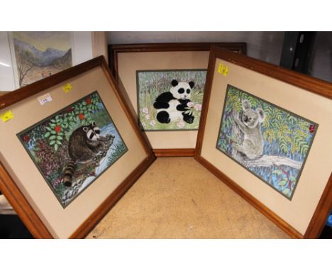 Three framed tile pictures, panda, kola and raccoon 