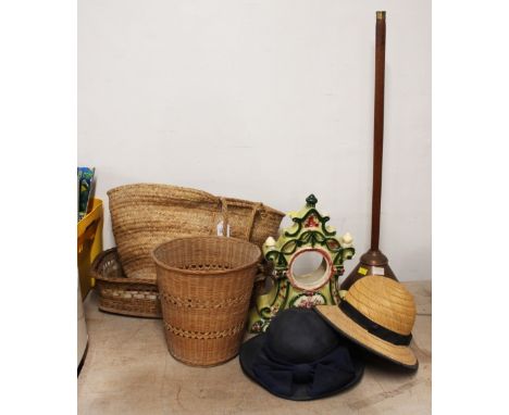 Wicker baskets, bag, vintage hats, posser and ceramic clock surround