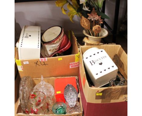 Three boxes of ceramic ornaments, red storage jar, biscuit barrel, glassware, large vase of artificial flowers
