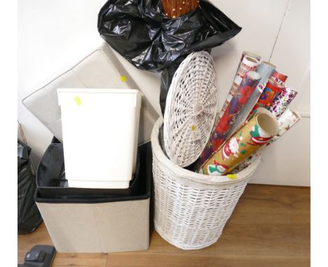 Wicker hamper of wrapping paper, storage cube of shredder and kitchen bin