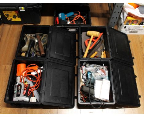 Five storage boxes of hand tools, heat gun, Black & Decker jigsaw etc