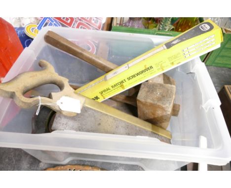 Box of vintage hand saws, wooden mallets, spiral ratchet screwdriver