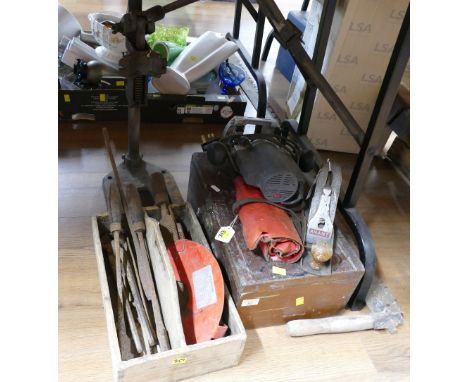 Vintage tools, drill stand, wooden toolboxes, Anant plane, router