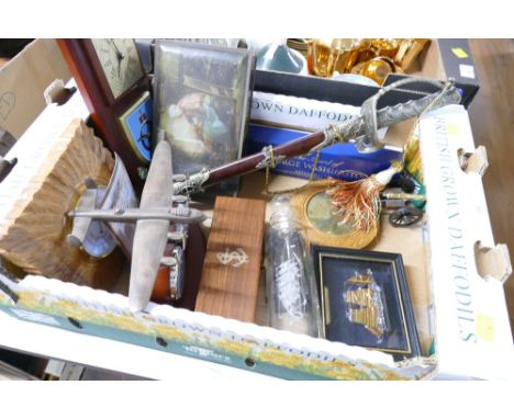 Box of Naval interest ornaments, 70th Anniversary Lancaster desk clock, RAF plaque, ship in a bottle, telescope, ornamental s