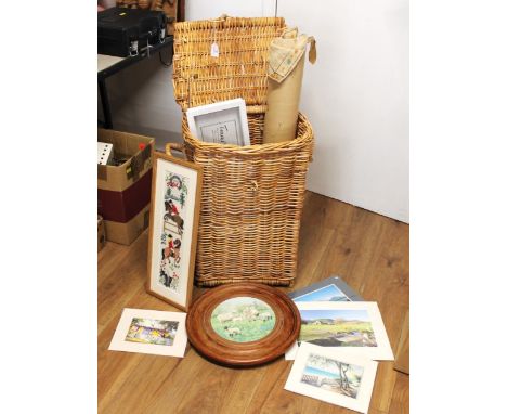 Wicker hamper of pictures, rolled up fabric picture in tube etc