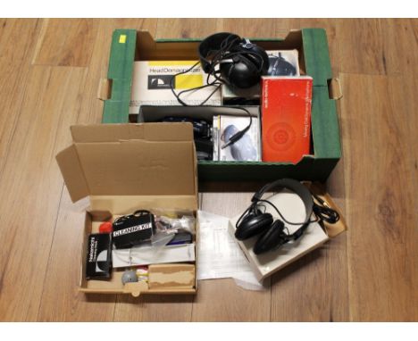 Box of electrical equipment, Nakamichi Head De-Magnetiser, Pioneer stereo headphones, RAC traffic alert and Audio Technica mo