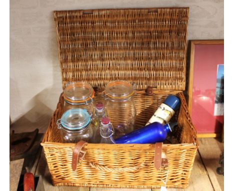 Fortnum & Mason wicker hamper, Kilner jars, thermos flask etc 