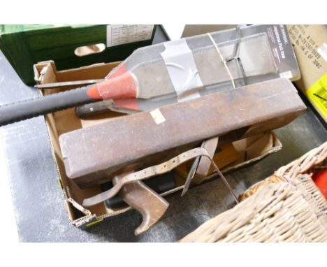 Box of vintage tools, Japanese pull saw, wooden block plane, files etc