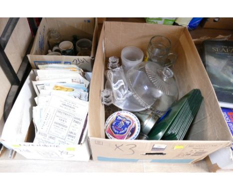 Three boxes of football ephemera, Goole Town AFC, many dated to 1950's, ceramic mugs, cake stand, place mats etc