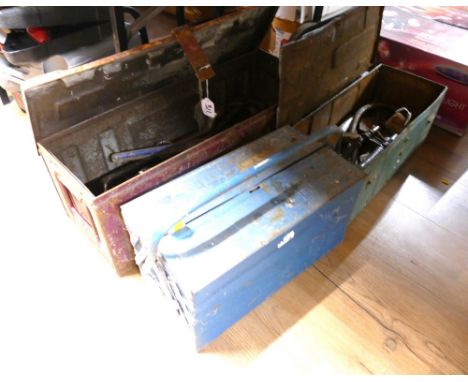 Three vintage metal toolboxes with contents, hand tools, spanners, clamps etc