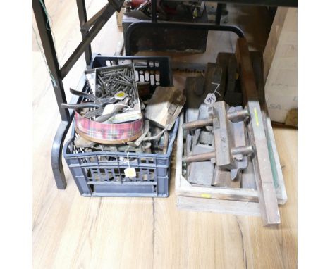 Two boxes of vintage tools, wood planes, hand tools, wooden mallets, screws