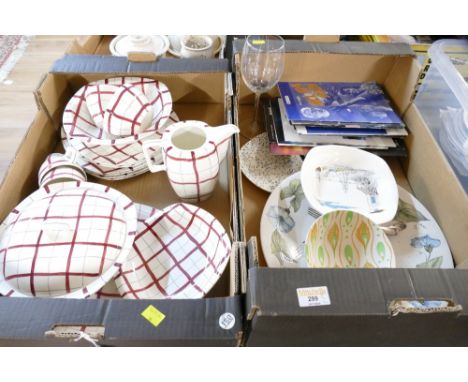 Two boxes of Midwinter Stylecraft red white and grey checked dinner and coffee ware, vintage theatre programmes, Midwinter St