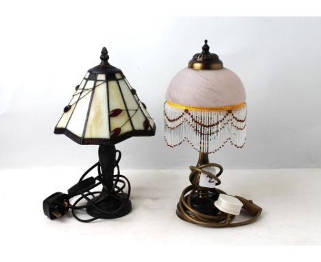 Tiffany style lamp shade on base, 33 cm high, and lamp with glass tasselled shade 