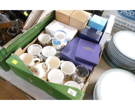 Box of commemorative mug, Dunoon Pottery, boxed Royal Worcester ornaments, Old Tupton Ware etc