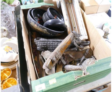 Carved ebony wood crocodile, Oriental wooden serving bowls, thermometer in case, vintage skis, white metal dressing table set